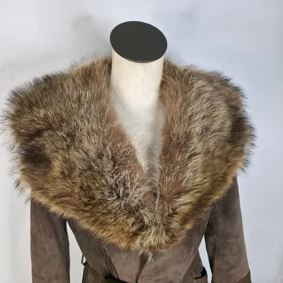 70s Real Fur Collar Suede Trench Coat Vintage Brown Long Boho Penny Lane Belt